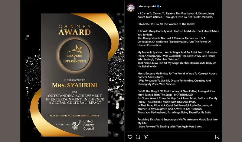 Syahrini dapat penghargaan Cannes dari UNESCO